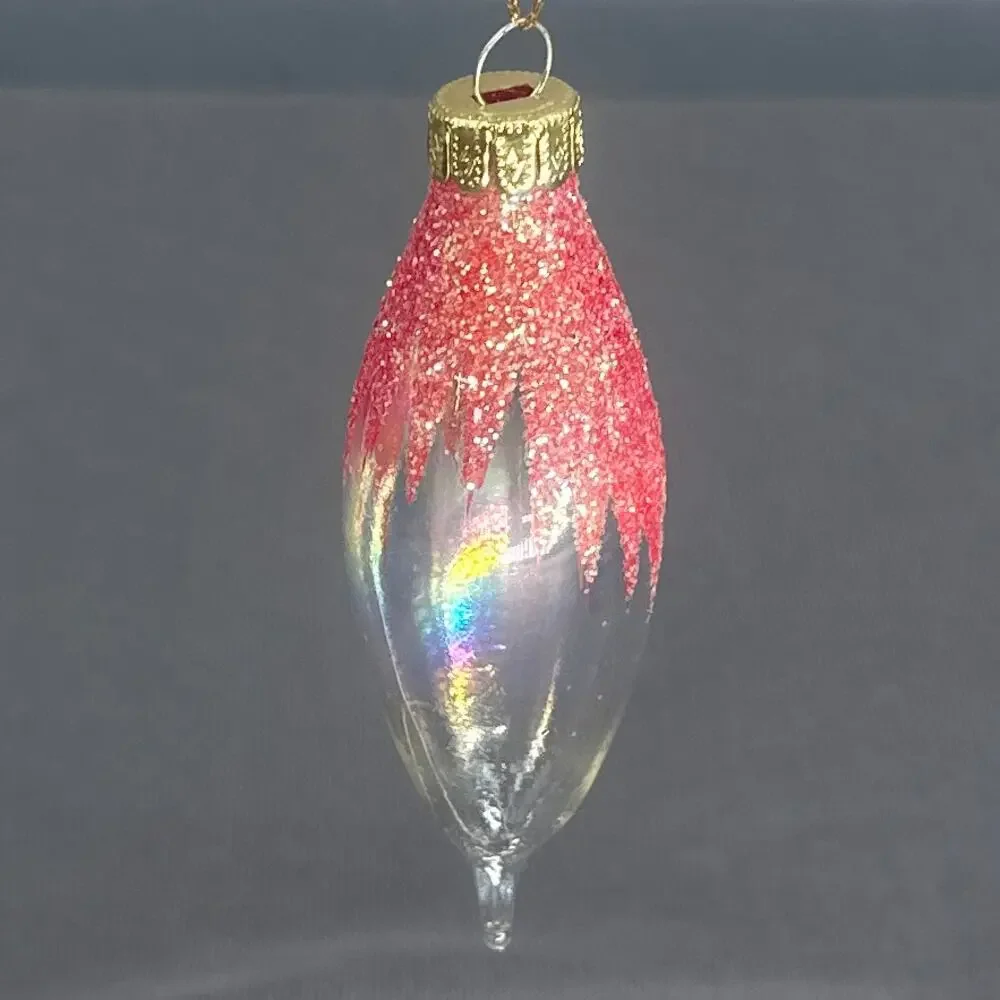 4 VTG Blown Glass Icicle Christmas Ornaments Clear Iridescent Pink Glitter Glam